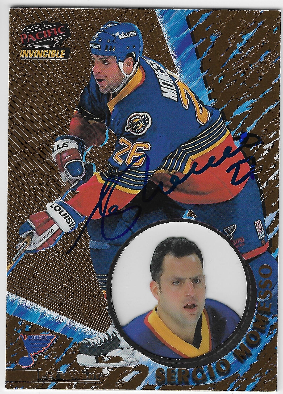 Sergio Momesso Signed 1997-98 Pacific Invincible Hockey Card - St Louis Blues