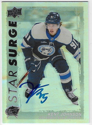 Kent Johnson Signed 2023-24 Upper Deck Star Surge Hockey Card - Columbus Blue Jackets