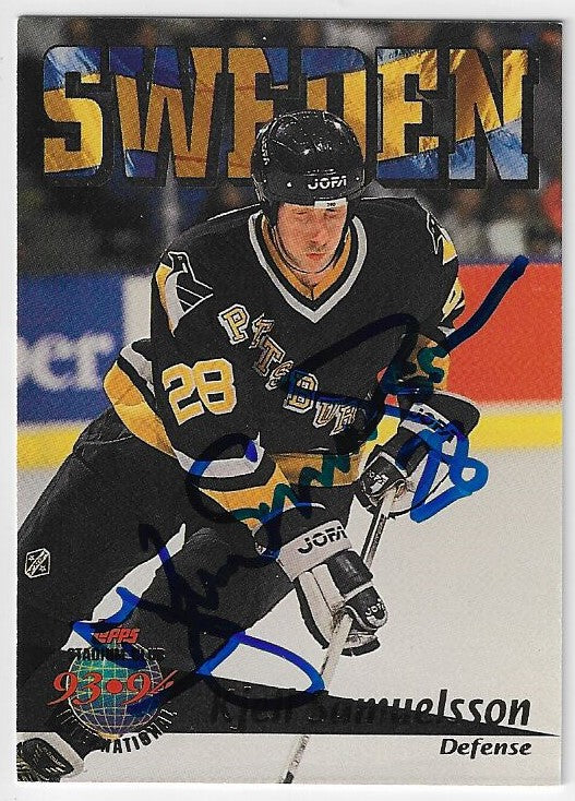Carte de hockey Stadium Club International signée par Kjell Samuelsson (Penguins de Pittsburgh), saison 1993-1994