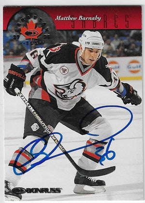 Matthew Barnaby Signed 1997-98 Donruss Canadian Ice Hockey Card - Buffalo Sabres