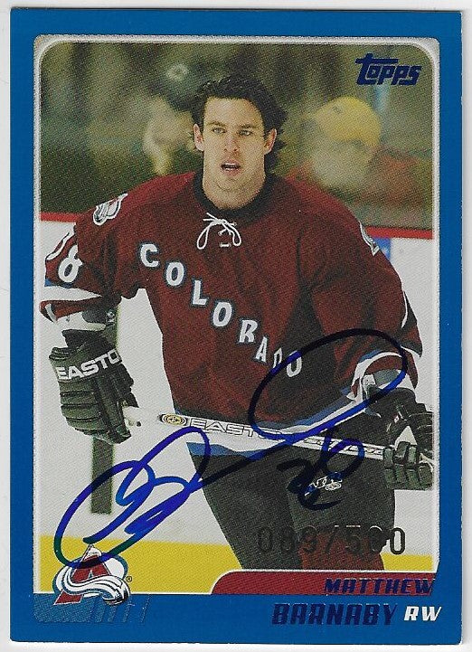 Matthew Barnaby Signed 2003-04 Topps Traded Blue Hockey Card - Colorado Avalanche /SN500