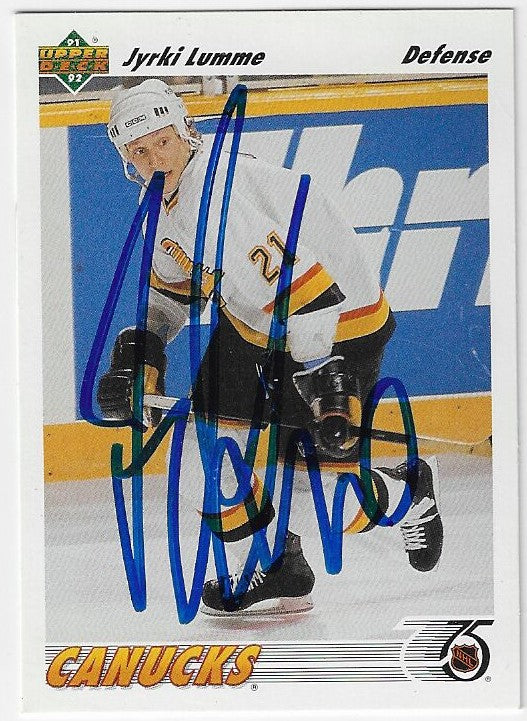 Jyrki Lumme Signed 1991-92 Upper Deck Hockey Card - Vancouver Canucks