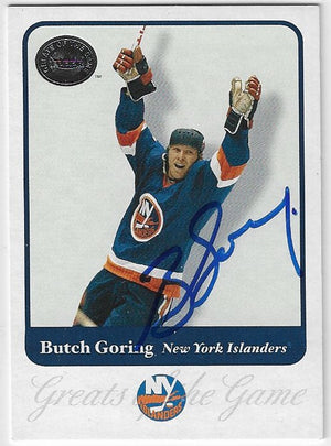 Butch Goring Signed 2001-02 Fleer Greats of the Game Hockey Card - New York Islanders