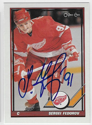 Sergei Fedorov Signed 1991-92 O-Pee-Chee Hockey Card - Detroit Red Wings
