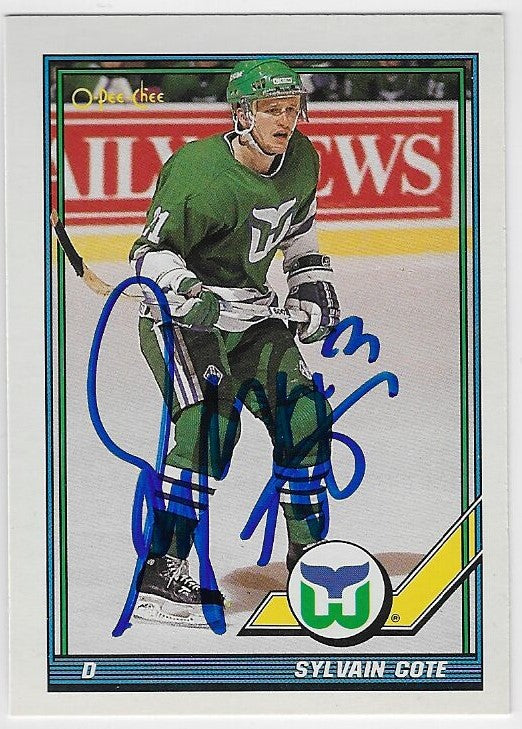 Sylvain Cote Signed 1991-92 O-Pee-Chee Hockey Card - Hartford Whalers