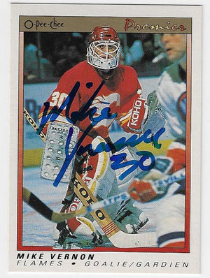 Mike Vernon Signed 1990-91 O-Pee-Chee Premier Hockey Card - Calgary Flames