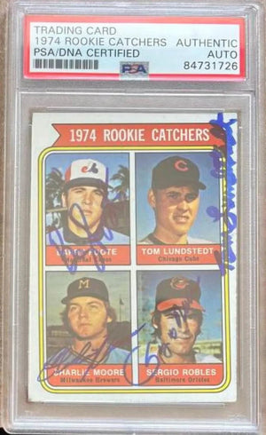 Barry Foote, Tom Lundstedt, Charlie Moore & Sergio Robles Multi Signed 1974 Topps Baseball Card - Rookie Catchers - PSA/DNA - PastPros