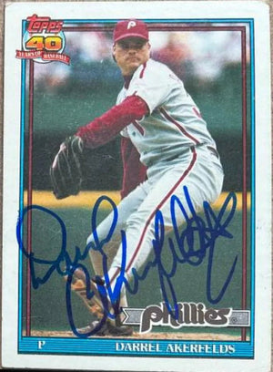 Darrel Akerfelds Signed 1991 Topps Baseball Card - Philadelphia Phillies - PastPros