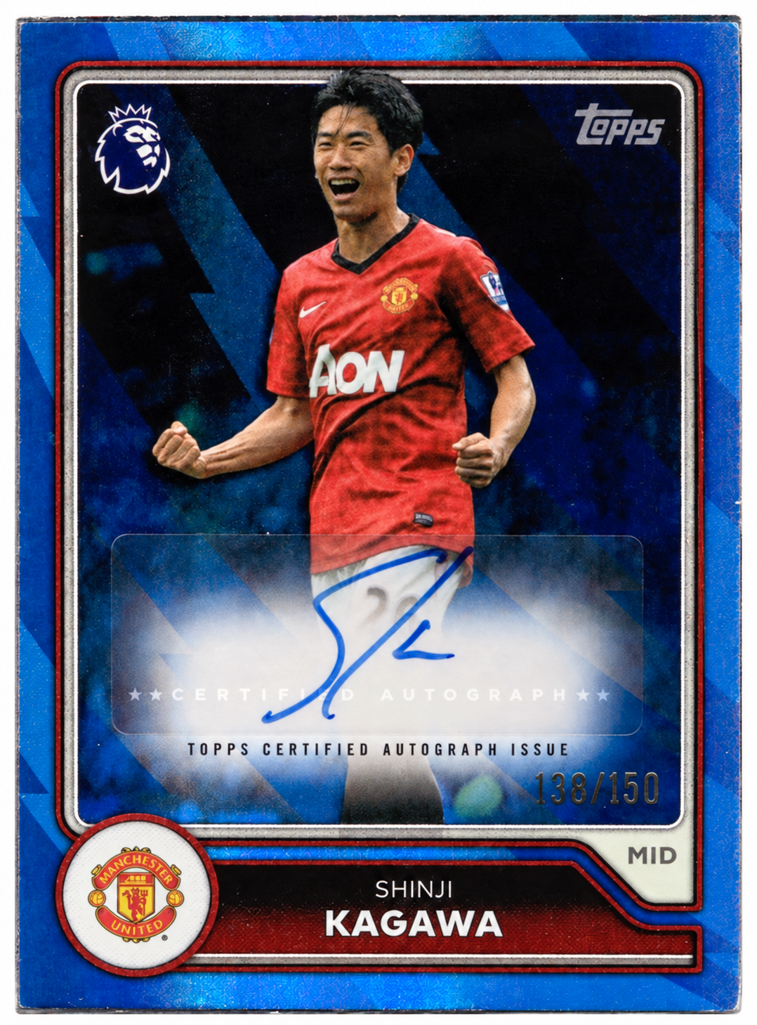 Shinji Kagawa Signed 2025-26 Topps Flagship Premier League Blue Rainbow Soccer (Football) Card - Manchester United FC /150 #BA-SK