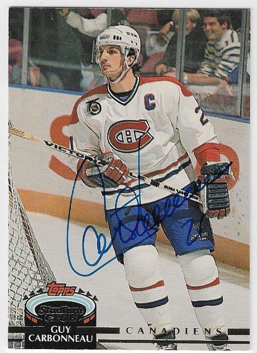 Guy Carbonneau Signed 1992-93 Topps Stadium Club Hockey Card - Montreal Canadiens