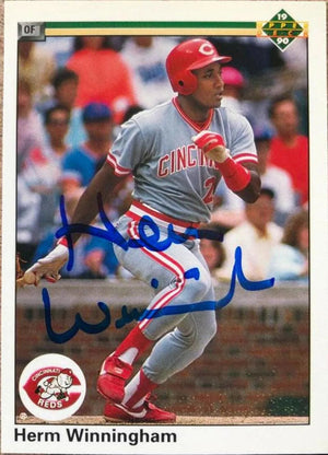 Herm Winningham Signed 1990 Upper Deck Baseball Card - Cincinnati Reds