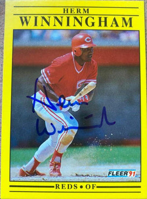 Herm Winningham Signed 1991 Fleer Baseball Card - Cincinnati Reds - PastPros