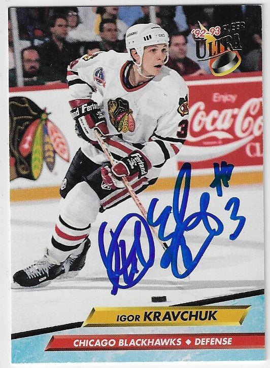 Igor Kravchuk Signed 1992-93 Fleer Ultra Hockey Card - Chicago Blackhawks