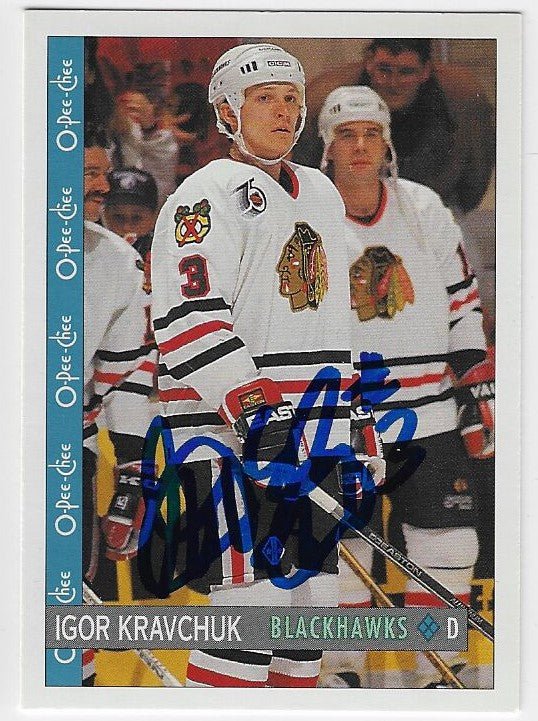 Igor Kravchuk Signed 1992-93 O-Pee-Chee Hockey Card - Chicago Blackhawks