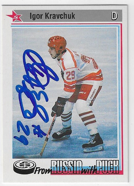 Igor Kravchuk Signed 1992-93 Tri-Globe From Russian with Puck Hockey Card - CSKA Moscow