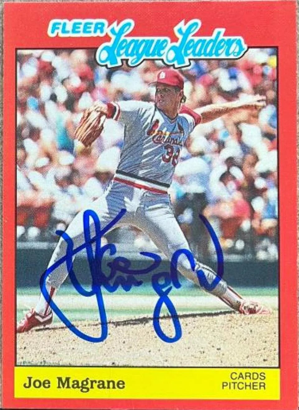 Joe Magrane Signed 1989 Fleer League Leaders Baseball Card - St Louis Cardinals