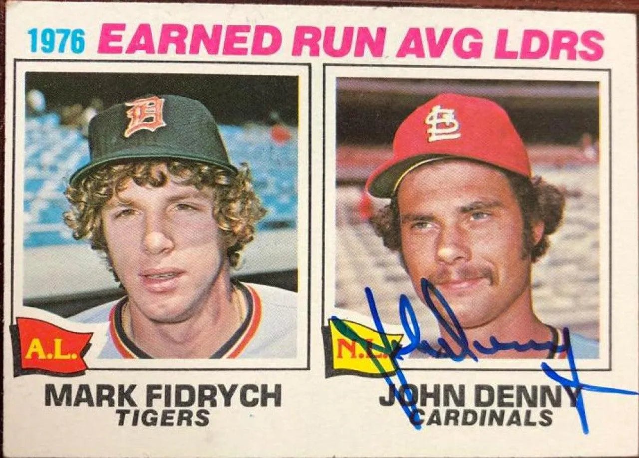 John Denny Signed 1977 Topps Leaders Baseball Card - St Louis Cardinals