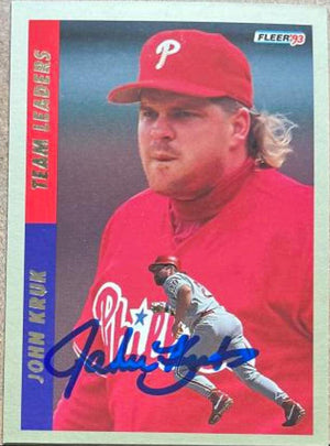 John Kruk Signed 1993 Fleer Team Leaders Baseball Card - Philadelphia Phillies - PastPros