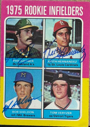 Keith Hernandez, Phil Garner & Bob Sheldon Multi - Signed 1975 Topps Baseball Card - St Louis Cardinals, Oakland A's, Milwaukee Brewers 623 - PastPros