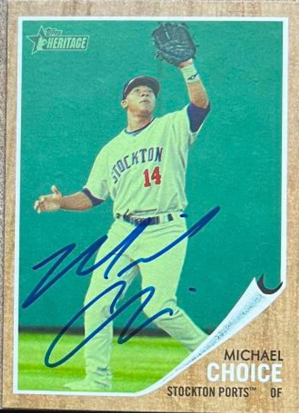 Michael Choice Signed 2011 Topps Heritage Minors Green Tint Baseball Card - Stockton Ports