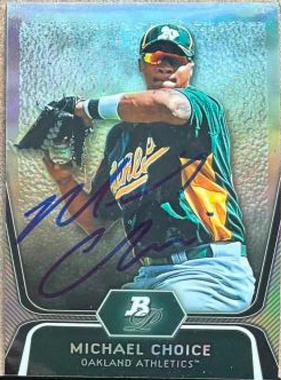 Michael Choice Signed 2012 Bowman Platinum Prospects Atomic Refractor Baseball Card - Oakland A's