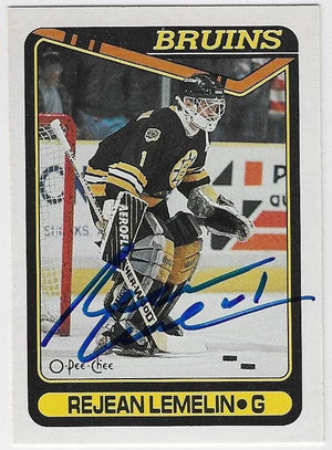 Rejean (Reggie) Lemelin Signed 1990-91 O-Pee-Chee Hockey Card - Boston Bruins