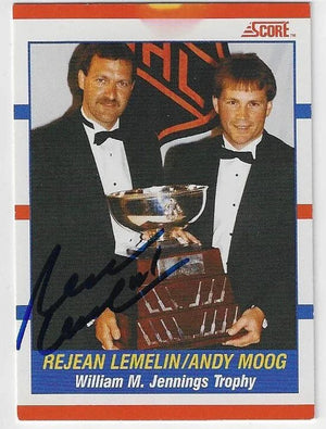 Rejean (Reggie) Lemelin Signed 1990-91 Score Jennings Trophy Hockey Card - Boston Bruins