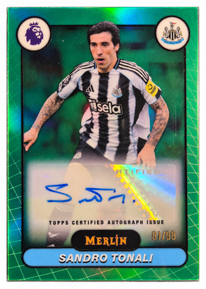 Sandro Tonali Signed 2025-26 Topps Merlin Premier League Green Soccer (Football) Card - Newcastle United MV-ST /99