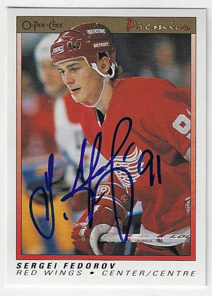 Sergei Fedorov Signed 1990 - 91 O - Pee - Chee Premier Hockey Card - Detroit Red Wings - PastPros