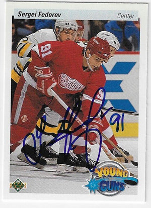 Sergei Fedorov Signed 1990 - 91 Upper Deck Young Guns Hockey Card - Detroit Red Wings - PastPros