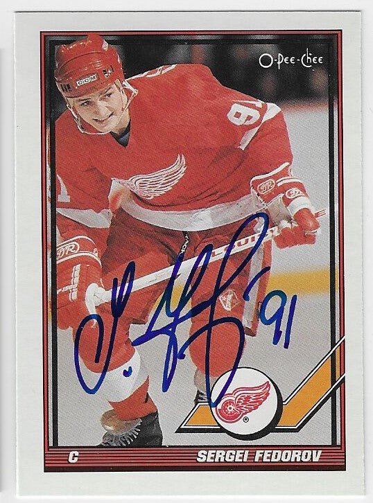 Sergei Fedorov Signed 1991 - 92 O - Pee - Chee Hockey Card - Detroit Red Wings - PastPros