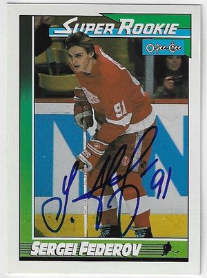 Sergei Fedorov Signed 1991 - 92 O - Pee - Chee Super Rookie Hockey Card - Detroit Red Wings - PastPros