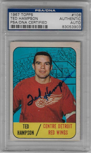 Ted Hampson Signed 1967 - 68 Topps Hockey Card - Detroit Red Wings - PSA/DNA - PastPros