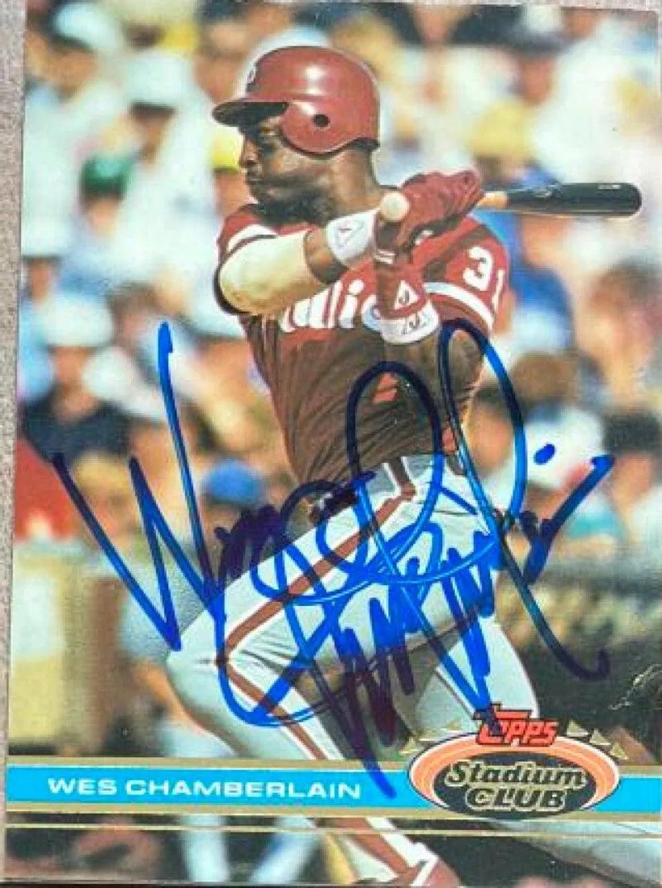 Wes Chamberlain Signed 1991 Stadium Club Baseball Card - Philadelphia Phillies