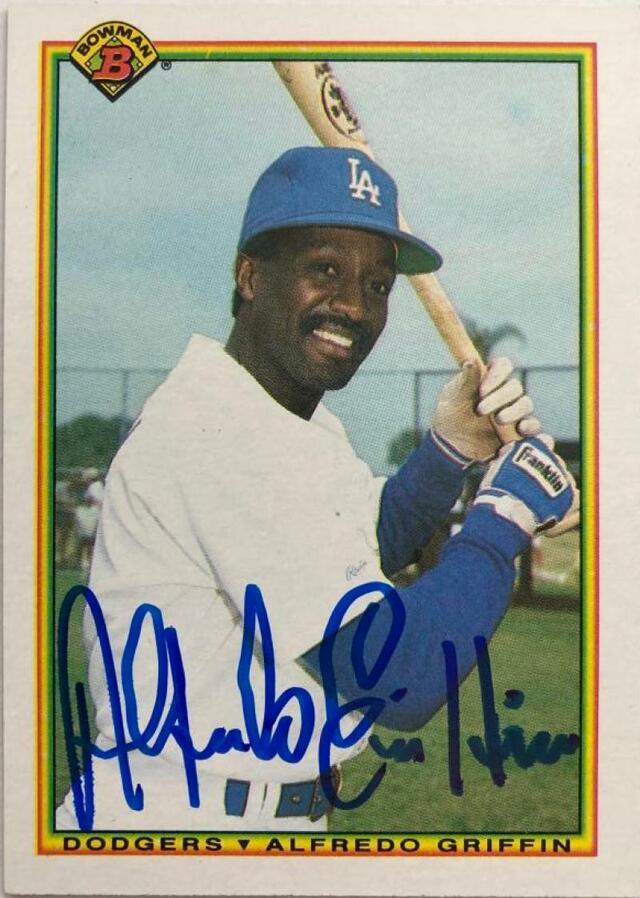 Alfredo Griffin Signed 1990 Bowman Baseball Card - Los Angeles Dodgers - PastPros