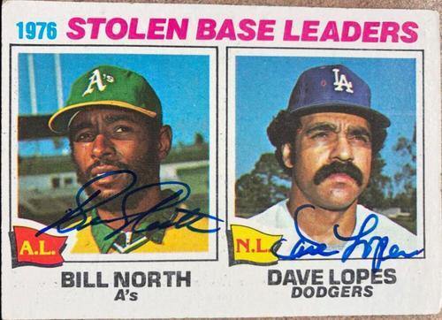 Bill North / Davey Lopes Signed 1977 Topps Baseball Card - SB Leaders - PastPros