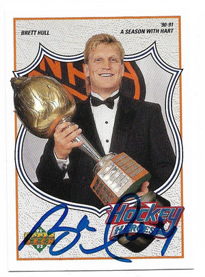 Brett Hull Signed 1991-92 Upper Deck Hockey Card - Hockey Heroes #8 - PastPros