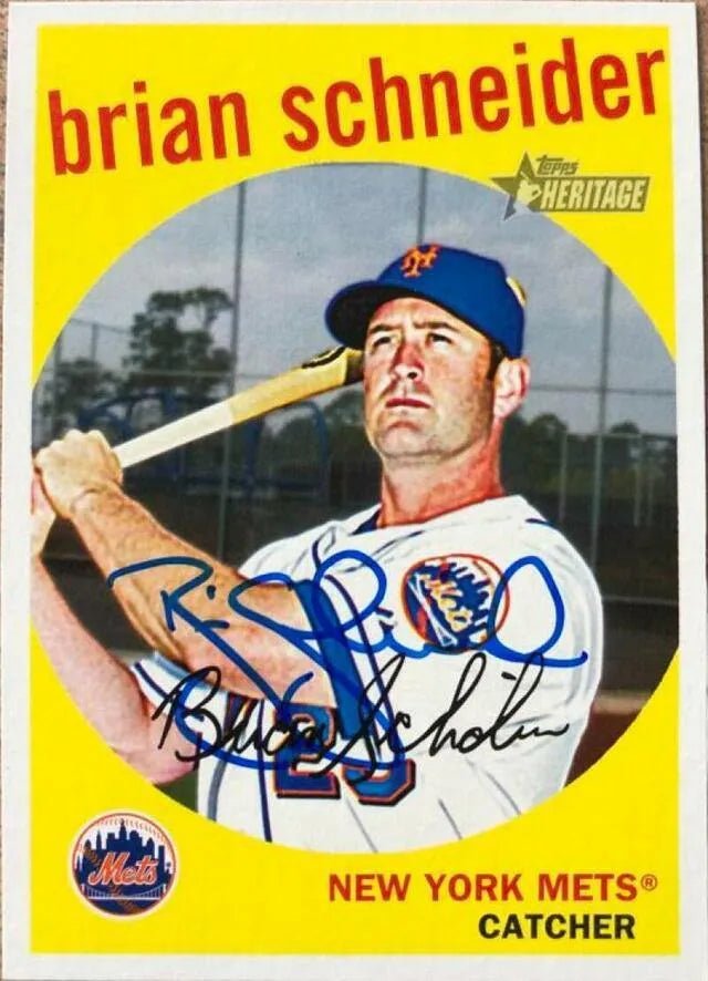 Brian Schneider Signed 2008 Topps Heritage Baseball Card - New York Mets
