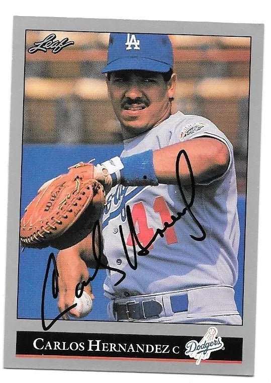 Carlos Hernandez Signed 1992 Leaf Baseball Card - Los Angeles Dodgers