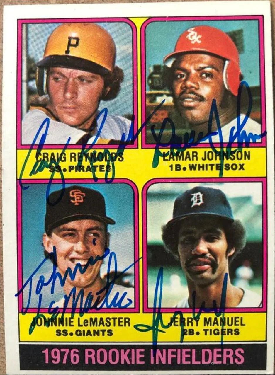 Craig Reynolds, Lamar Johnson, Jerry Manuel, Johnnie Lemaster Signed 1976 Topps Baseball Card