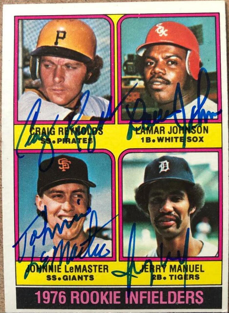 Craig Reynolds, Lamar Johnson, Jerry Manuel, Johnnie Lemaster Signed 1976 Topps Baseball Card - PastPros