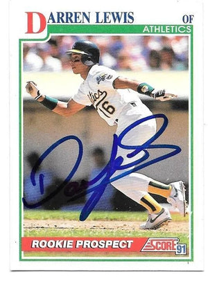 Darren Lewis Signed 1991 Score Baseball Card - Oakland A's