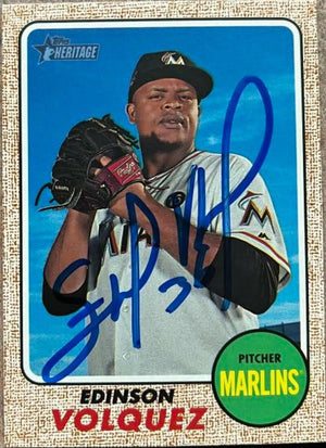 Edinson Volquez Signed 2017 Topps Heritage Baseball Card - Miami Marlins - PastPros