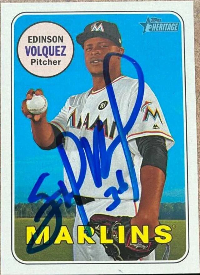 Edinson Volquez Signed 2018 Topps Heritage Baseball Card - Miami Marlins