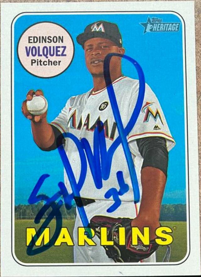 Edinson Volquez Signed 2018 Topps Heritage Baseball Card - Miami Marlins - PastPros