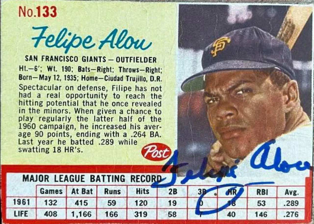 Felipe Alou Signed 1962 Post Baseball Card - San Francisco Giants