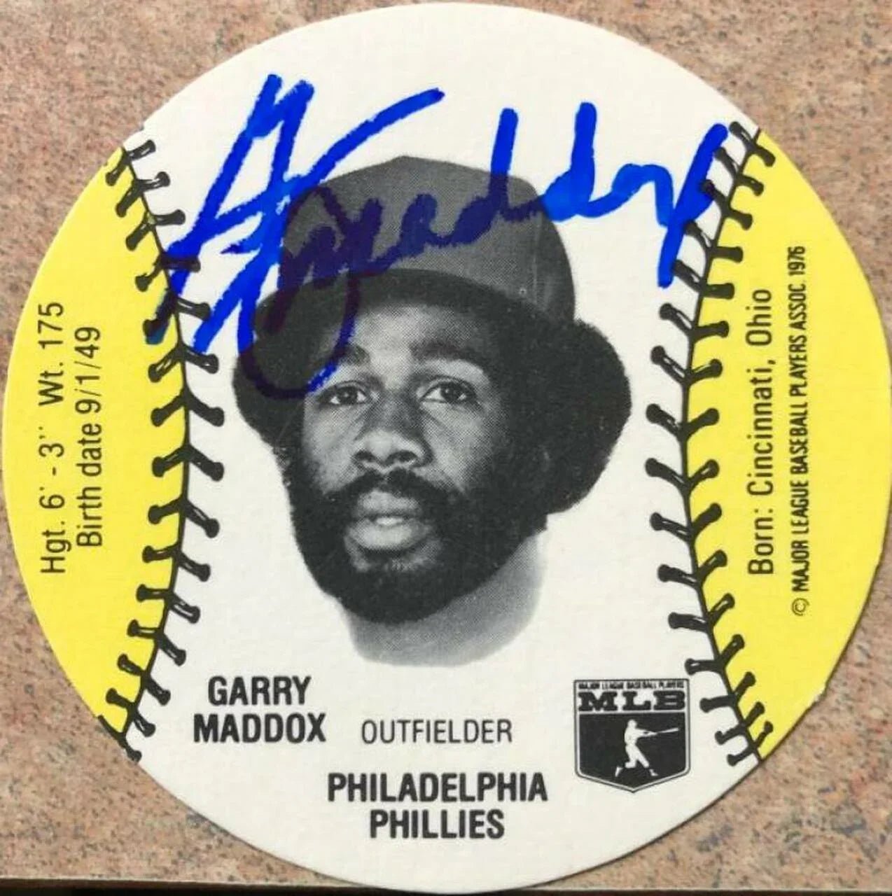 Garry Maddox Signed 1978 Wiffle Ball Discs Baseball Card - Philadelphia Phillies