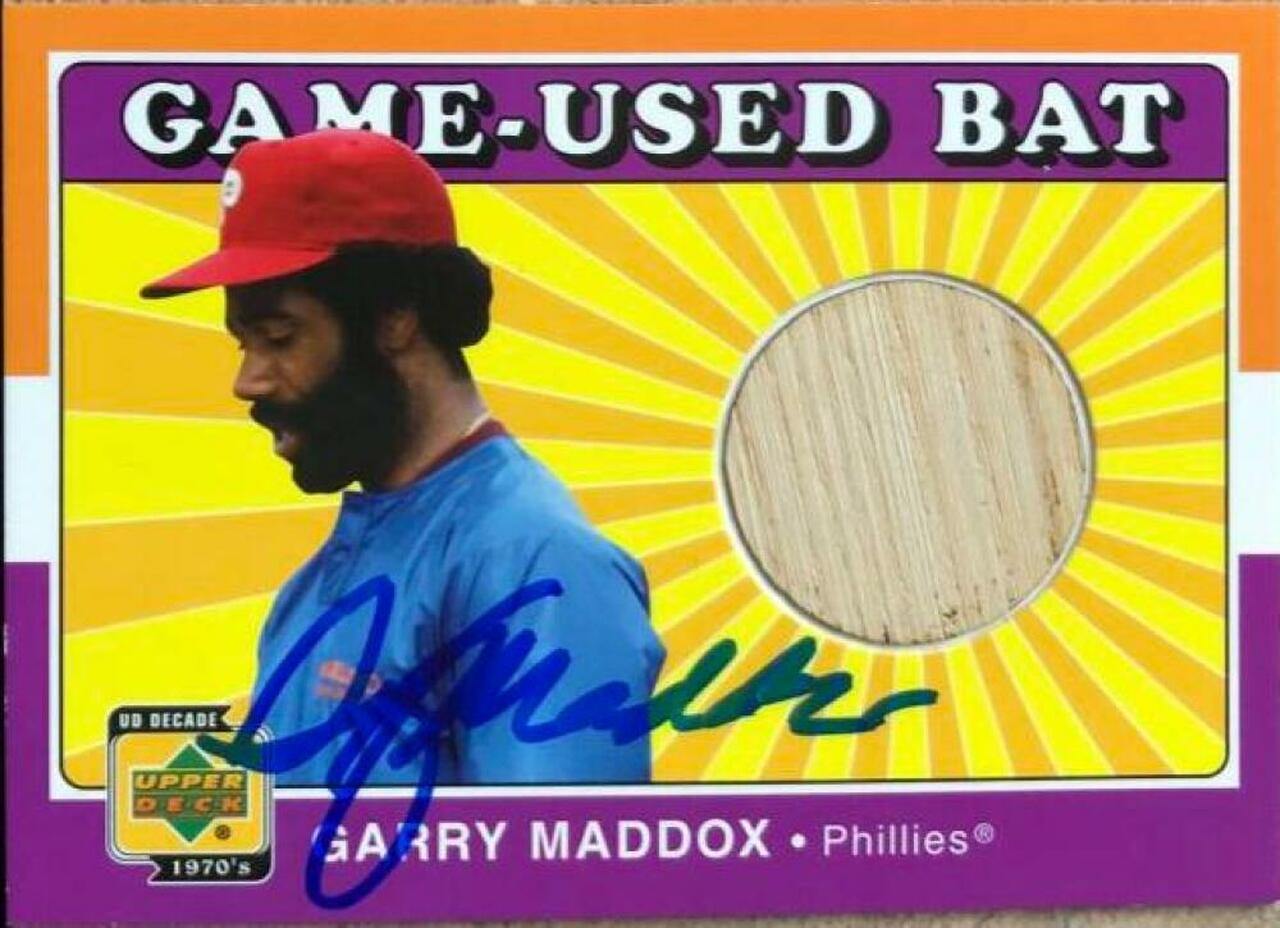 Garry Maddox Signed 2001 Upper Deck Decade 1970's Game Bat Baseball Card - Philadelphia Phillies - PastPros