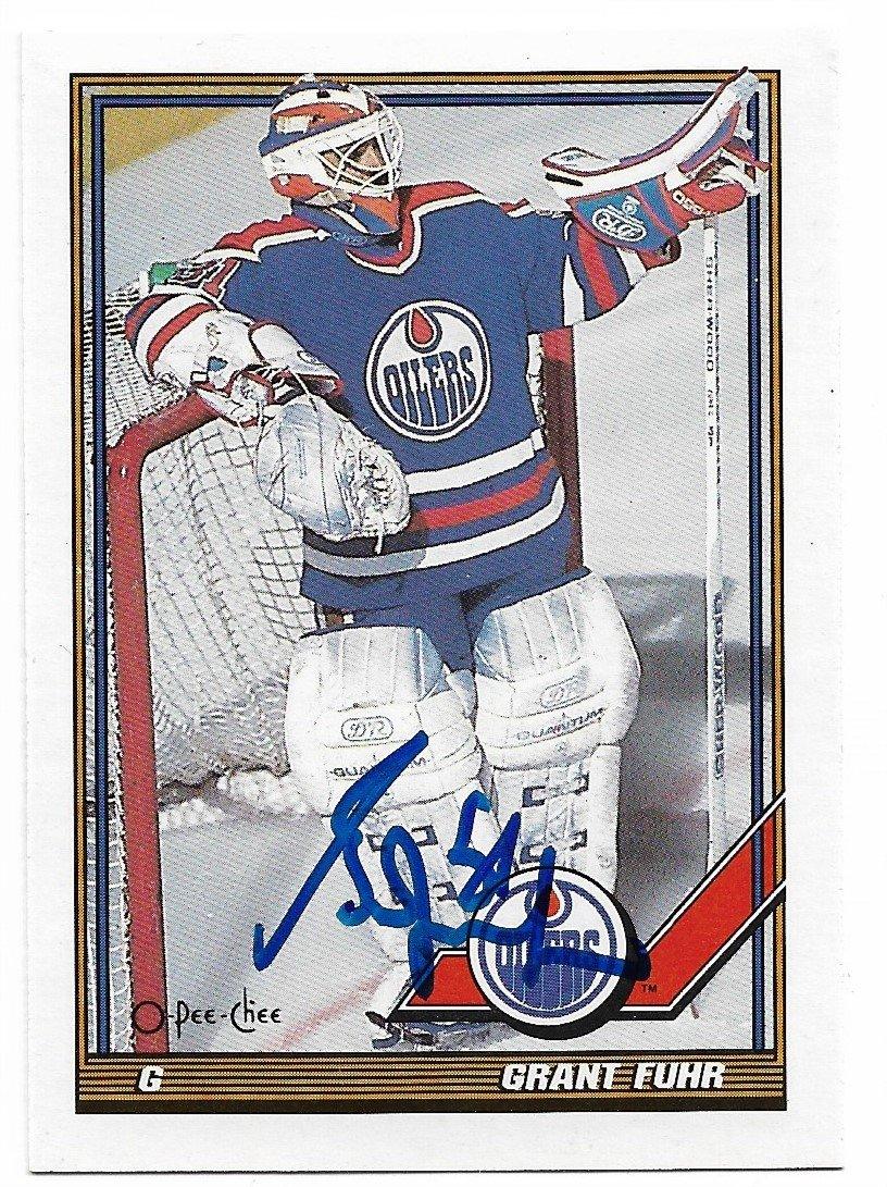 Grant Fuhr Signed 1991-92 O-Pee-Chee Hockey Card - Edmonton Oilers - PastPros
