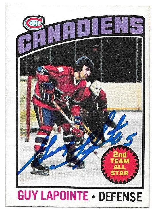 Guy Lapointe Signed 1976-77 O-Pee-Chee Hockey Card - Montreal Canadiens